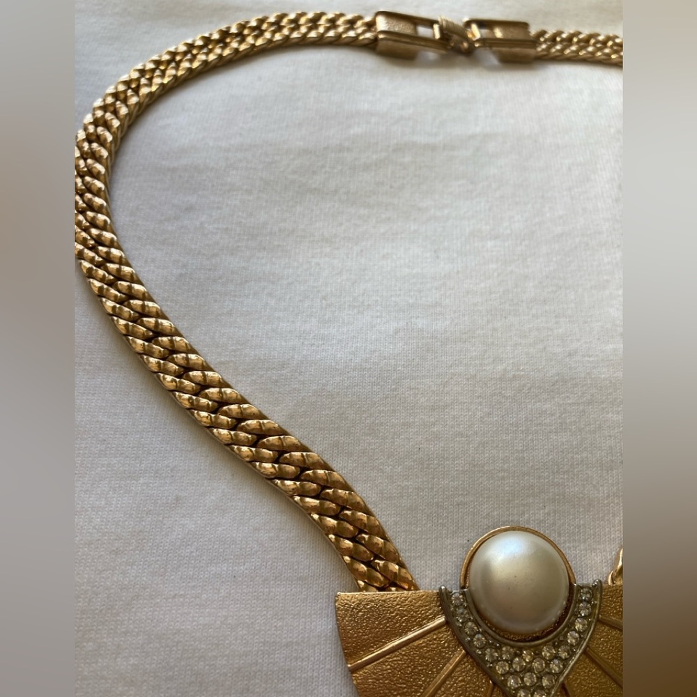 Vintage Park Lane Fan Design Pearls Rhinestones Runway Statement Necklace - Picture 5 of 9